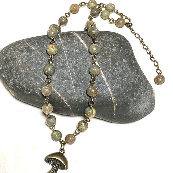 Natural Earthy Unakite Necklace, Cute Bronze Slim Mushroom + Genuine Gemstone - Picture 6 of 15